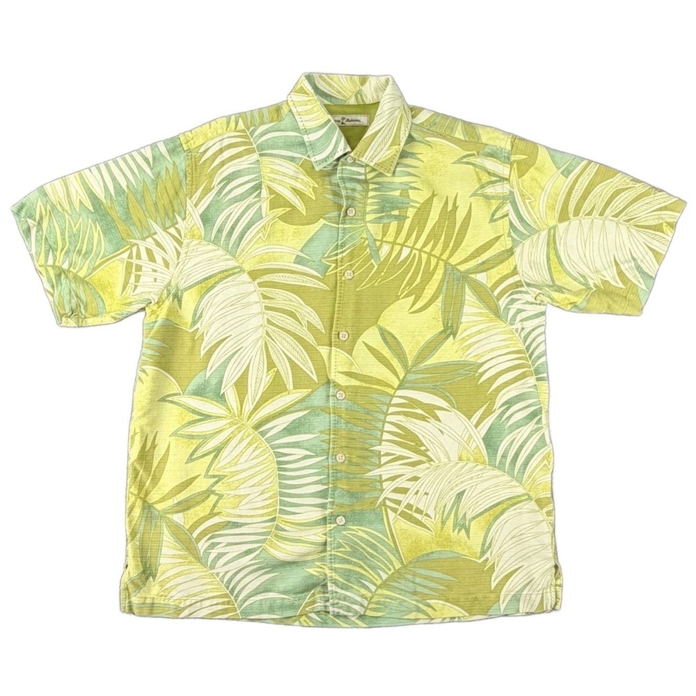 Tommy Bahama Men's Large Silk Shirt Palm Tree Leaves Tropical Hawaiian Button Up
